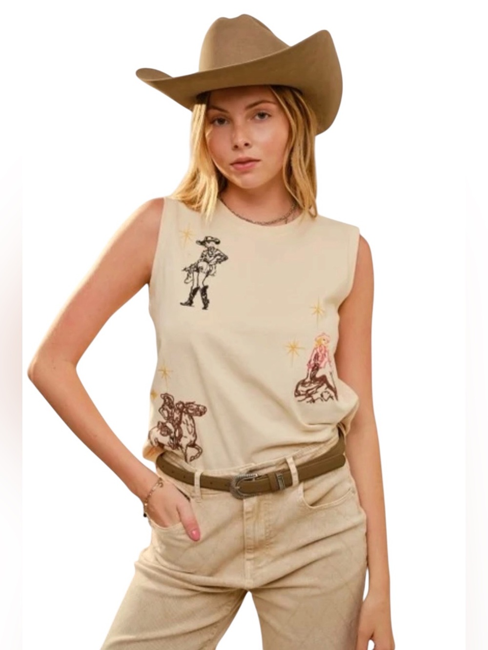 NEW blue b Tan Sand Pinup Cowgirl Horse Cowboy Vintage Western White T-shirt Tee